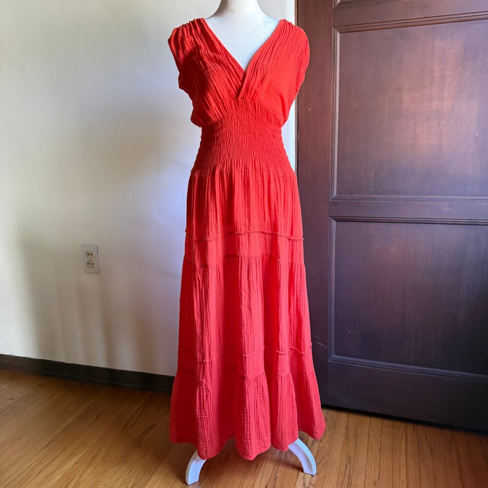 FELICITÉ Red Orange Gauze Smocked Tiered Midi Length Cap Sleeve Dress XS